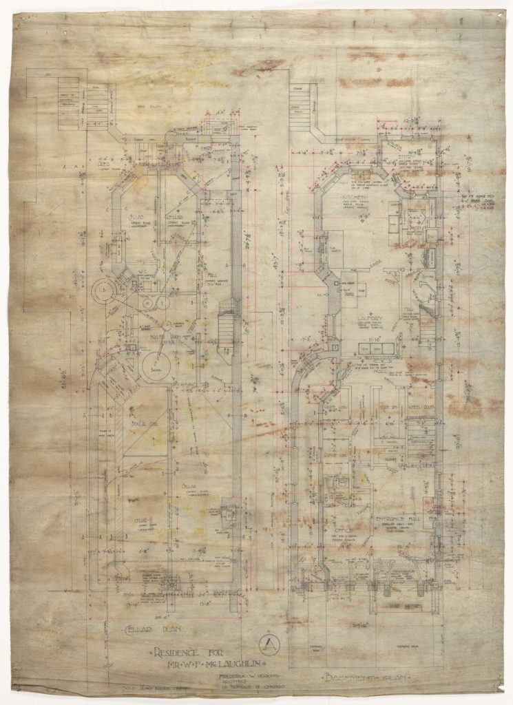 color image of architectural drawing, black and red ink on aged white paper