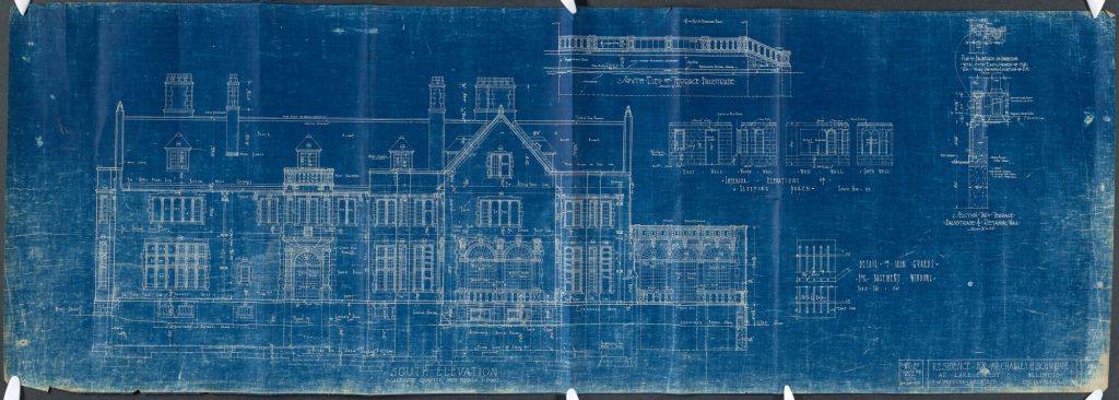 color blueprint with white ink on blue paper