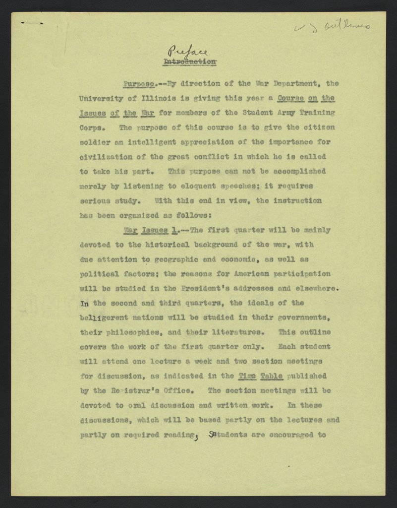 black ink typed course description on paper yellowed with age
