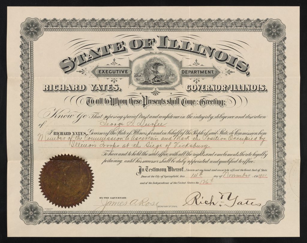 color image of certificate from Illinois Vicksburg Commission to George S. Durfee