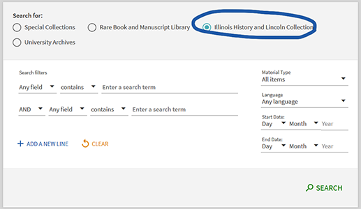 Screenshot of the advanced search options in the special collections catalog with the IHLC limiter circled