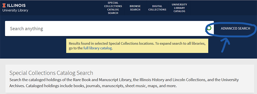 Screenshot of the special collections catalog with the advanced search option circled