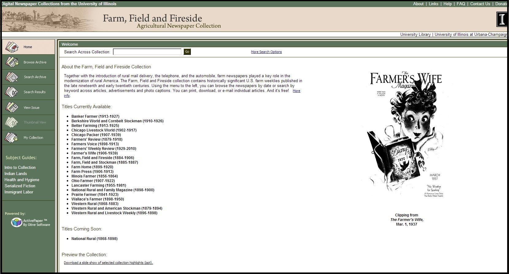 Original Interface for the Farm, Field, and Fireside Digital Collection