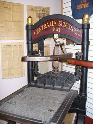 Centralia Sentinel's original hand press, now located at the Centralia Area Historical Museum