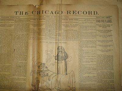 Several issues of the Chicago Record were donated to the University of Illinois Library. Donor found the issues stuck behind a mirror on a dresser when he started refurbishing it.