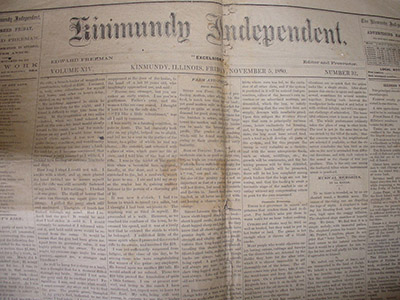 Top half of the front page of the November 5, 1880 issue of the Kinmundy Independent, from the Kinmundy Express newspaper office.