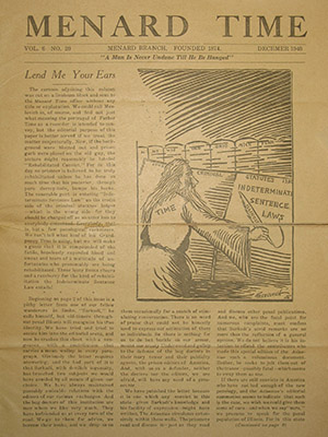 Front page of an issue from the Menard Time, which has been published by the Correctional Center in Menard, Illinois since 1934.