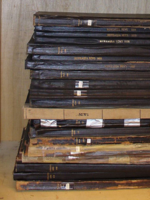 Bound volumes of the Moawequa Call, Moawequa Call-Mail, and Moweaqua News at the Moweaqua Public Library District in Shelby County.