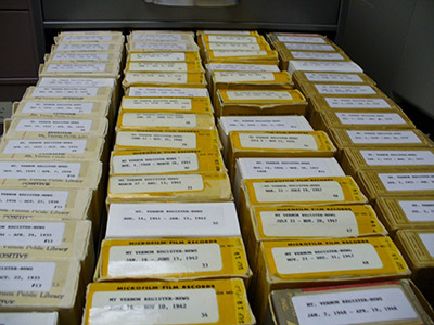 Microfilm reels of the Mt. Vernon Register News at the C. E. Brehm library in Mt. Vernon (Jefferson County) Illinois.