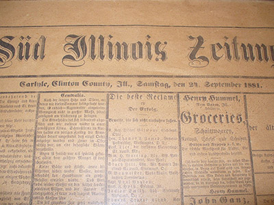 Detail from the front page of an issue of the Süd Illinois Zeitung, from the Clinton County Historical Society Museum