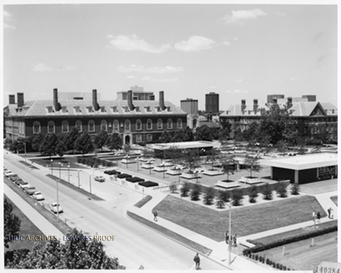 Arial view of the Main and Undergraduate Library buildings.
