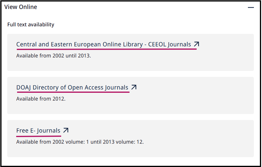 List of links under "Full Text Availability" for item in Library catalog.