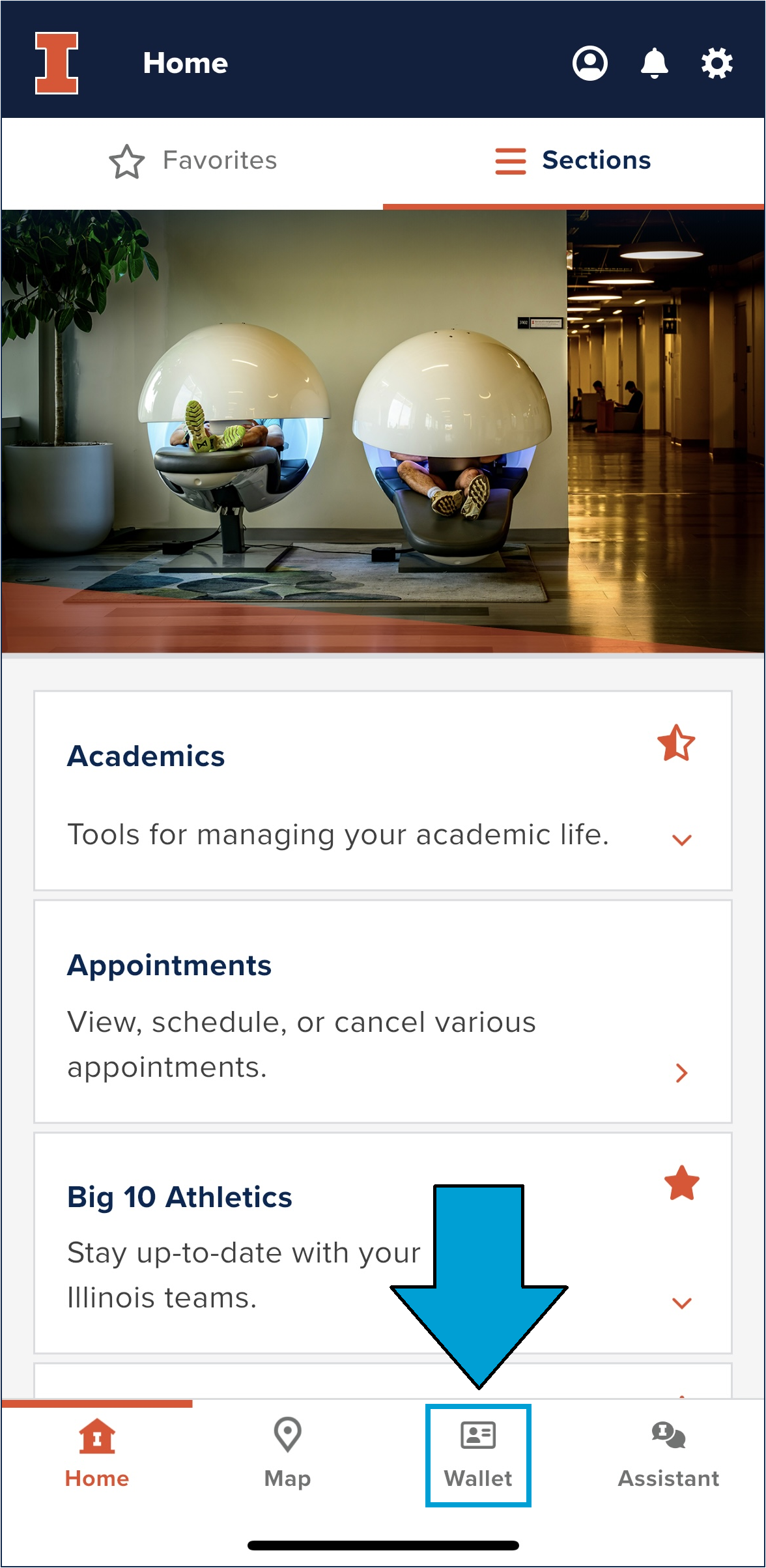 Wallet is the third of four options in the menu at the bottom of the Illinois App home screen.