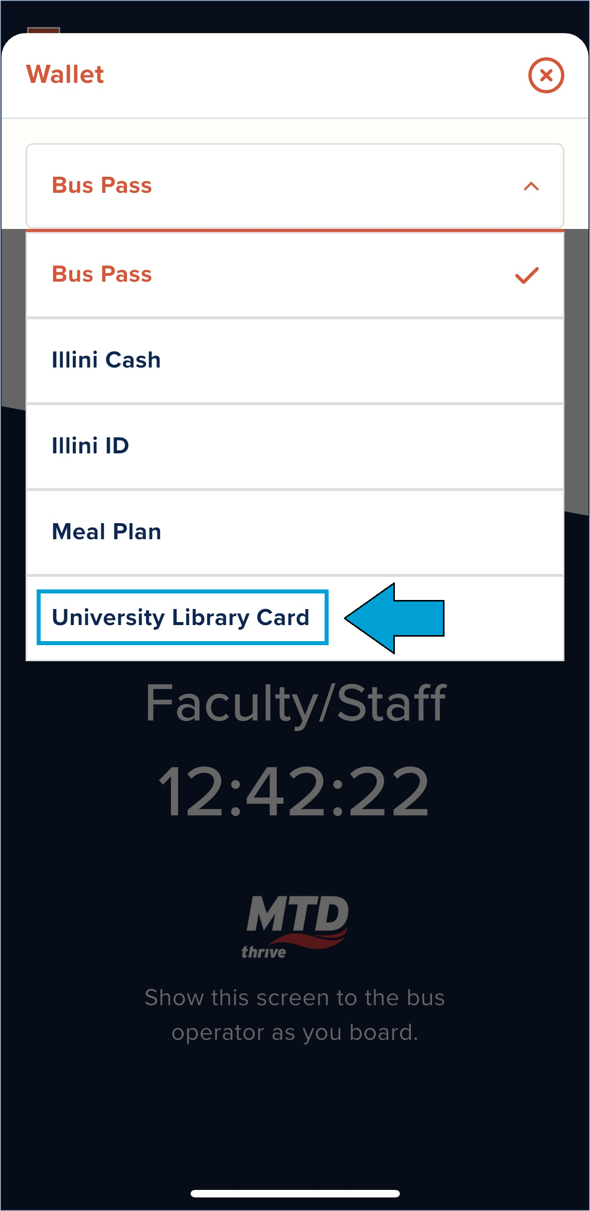 "University Library Card" is the fifth option in the Wallet dropdown list.