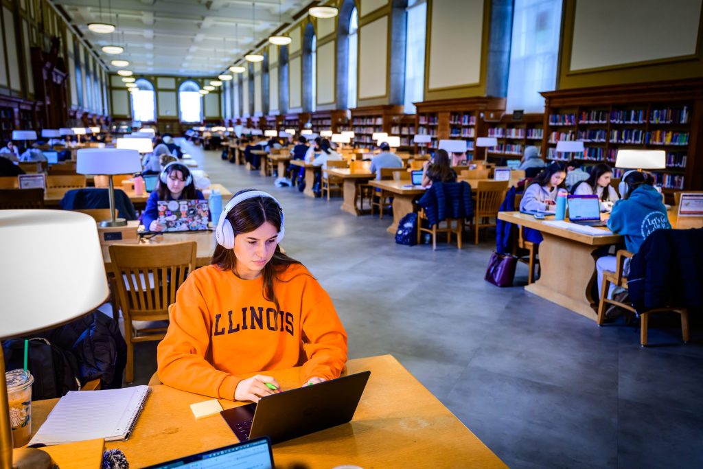 Students study in the Shebik Family Reading Room in the Main Library.