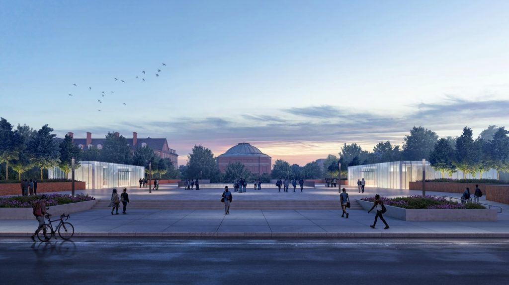 Artists rendition of the exterior building at sunset.