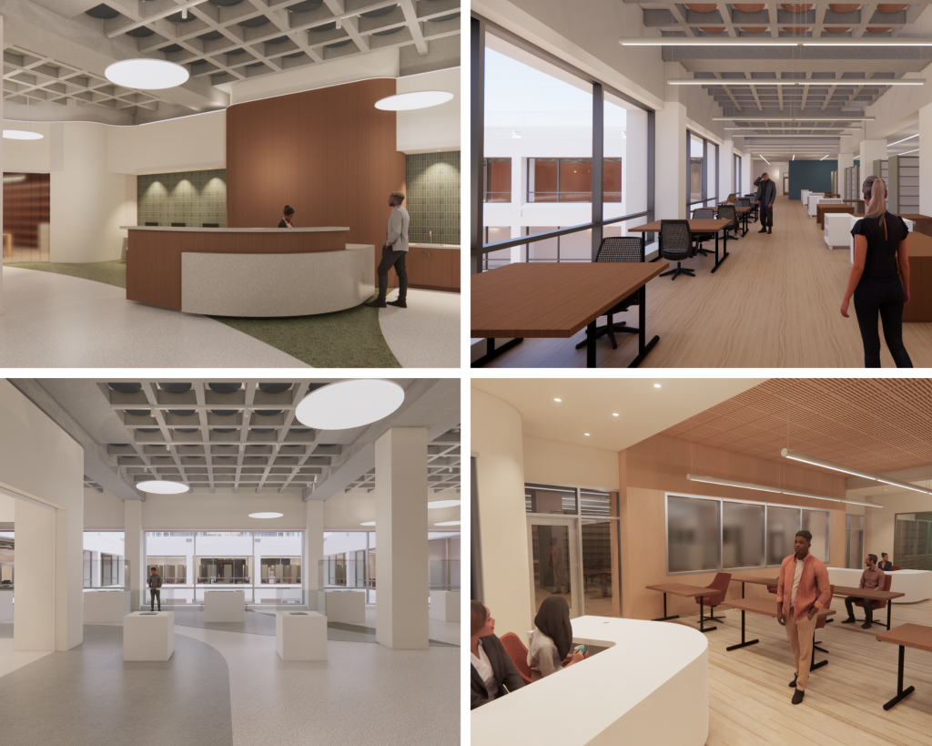 Collage of interior concept drawings of archives and special collections building including an info desk, study spaces, exhibit space, and classroom