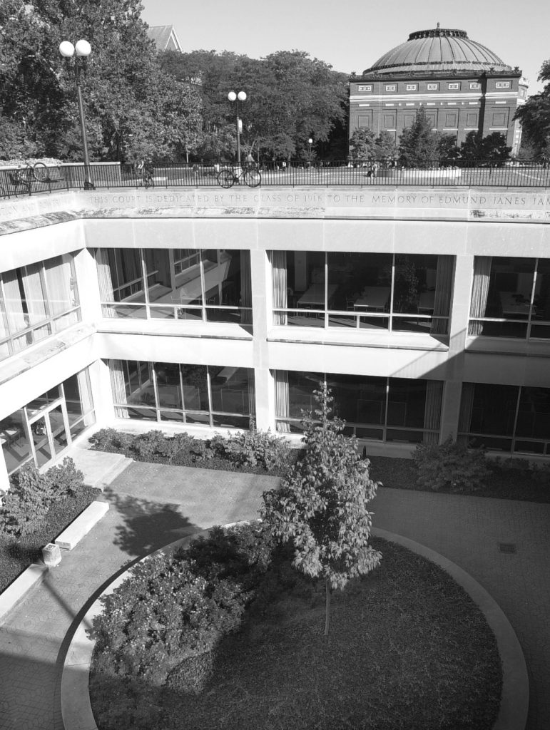 Aerial view of Undergraduate Library courtyard with Foellinger auditorium visible in the distance.