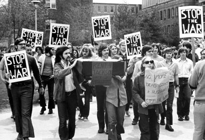 Students, faculty, and local residents silently marching against the Vietnam War on the second anniversary of the Kent State University shootings, May 4, 1972