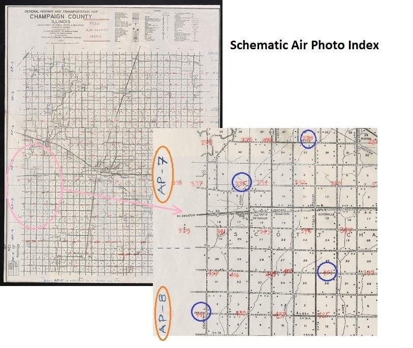 Sample schematic air photo index highlighting flight lines and photo number information