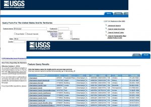 Screenshots from the United States Geological Survey's GNIS website showing search interface and search results table.