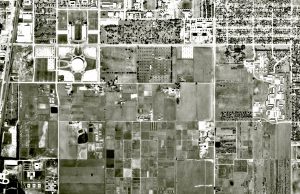 Portion of an aerial photography centered on the southern portion of the University of Illinois Urbana-Champaign campus.