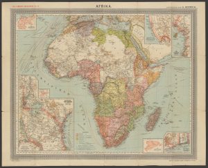 Color German map of Africa published in 1894. Colors are keyed to the European colonial powers.