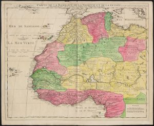 French map of western Africa published in 1742 and hand colored in pink, yellow, and green.