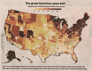Map of the United States showing density of pizzerias aggregated to the county level