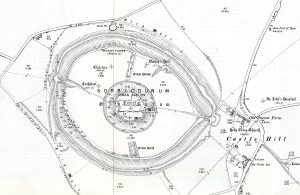 Black-and-white map of Sorbiodunum (Old Sarum) showing roads, locations, and relief using hachures.