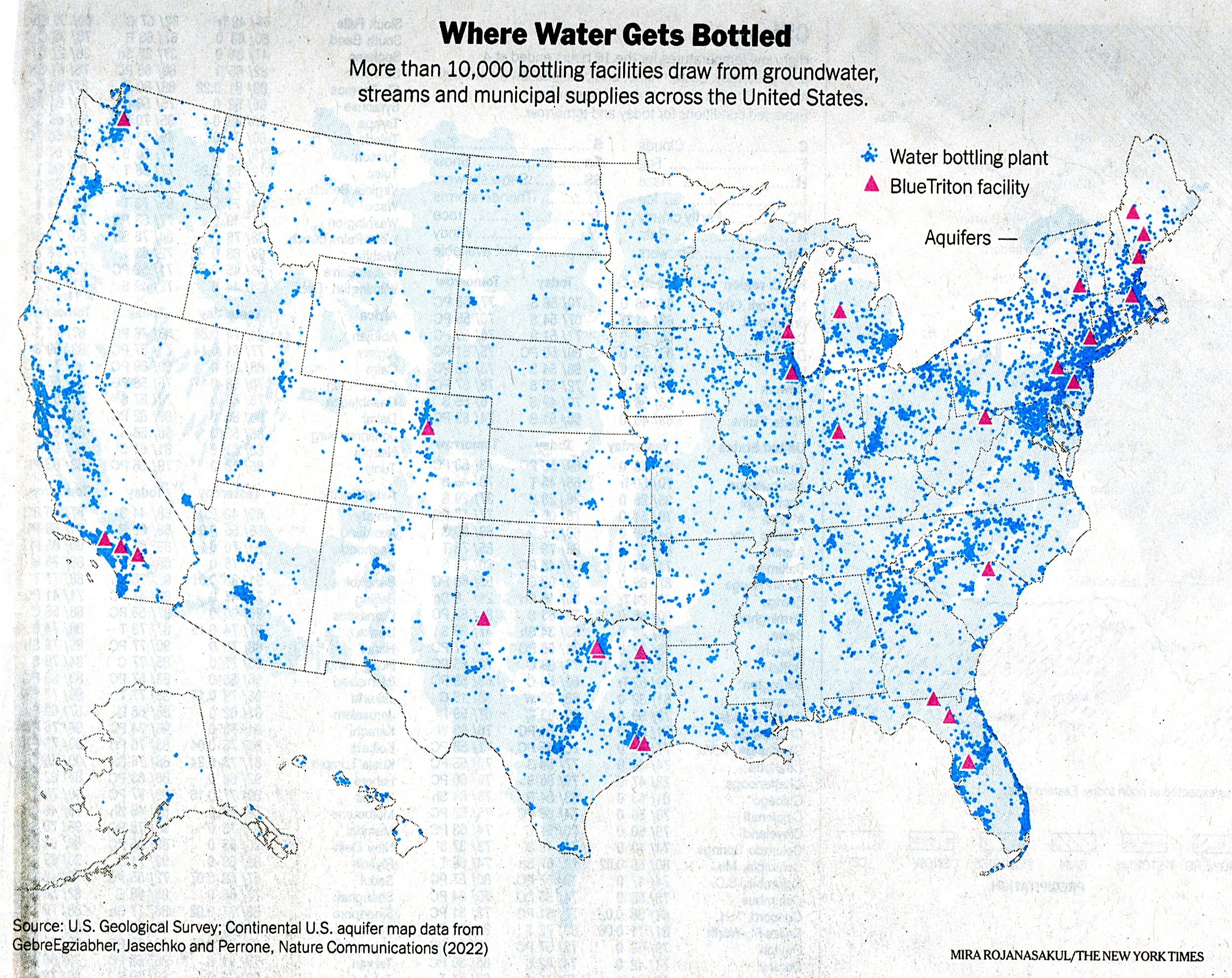Dot map of the United States showing distribution of water bottling facilities.