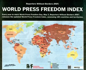 Map of the world showing, through color gradient, the degree of freedom of the press experienced in each country