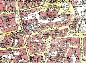 Map of the Bath, England centered on the Abbey Church of St. Peter & St. Paul and the Temple of Minerva. Streets are yellow, Building outlines are filled in with brick red.