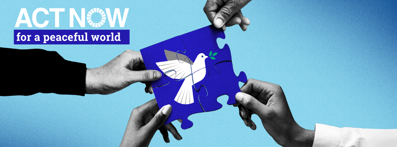 The text "Action for a Peaceful World" is accompanied by four hands holding a puzzle with an image of a dove and an olive branch in its beak.