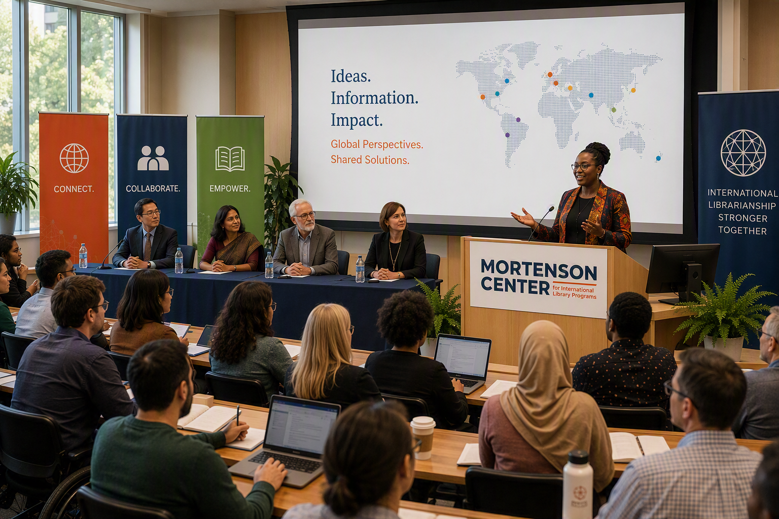 Image of a woman presenting a lecture on international librarianship, created by Copilot on August 9, 2026.