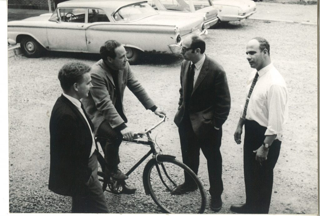 Musicology Faculty behind Hill Annex, 1966/1967 Pictured: Gerard Behague, Charles Hamm, Herbert Kellman, Bruno Nettl