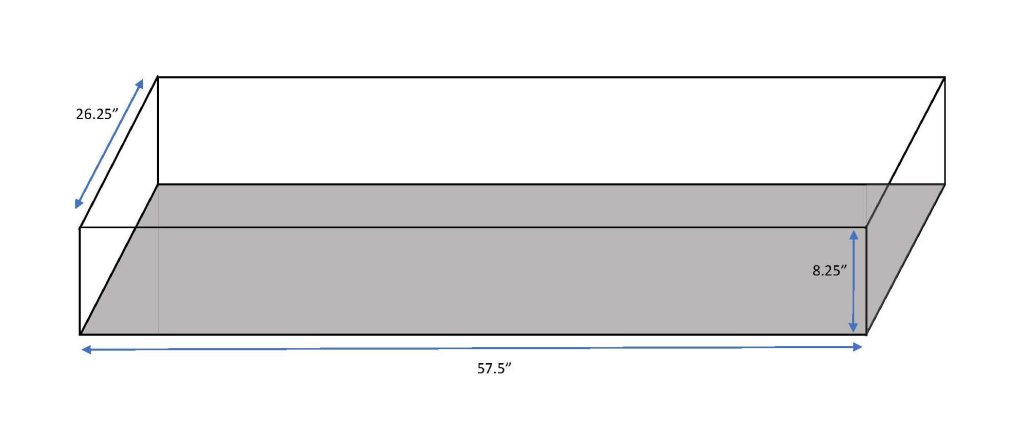 Isometric representation of display case, with height, width, and depth dimensions.
