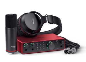 Scarlett 2i2 4th gen audio interface with microphone, headphones, and necessary cables