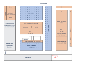 First floor map containing our Service Desk, Public Computers & Scanners, Printers, Study Tables, Media Collection, Reference, Periodicals and Plays Collections, Stacks with Dewey Decimal, Library of Congress A-GV, ML, MT, N-NX, P-PZ and Q-Z. Spaces in orange indicate collections, spaces in grey indicate staff areas, spaces in blue with dot pattern indicate public use areas.