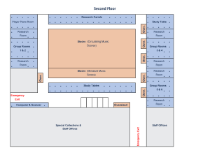 Second floor map containing Study Tables, Research Carrels, Group Rooms 1-6, Research Rooms, a Computer & Scanner, the Player Piano Room, Special Collections & Staff Offices, and the Music Score Stacks M, MM, and Oversized. Spaces in orange indicate collections, spaces in grey indicate staff areas, spaces in blue with dot pattern indicate public use areas.