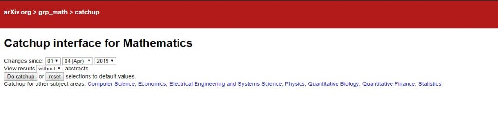 Picture showing the catchup interface for mathematics on the arXiv website.