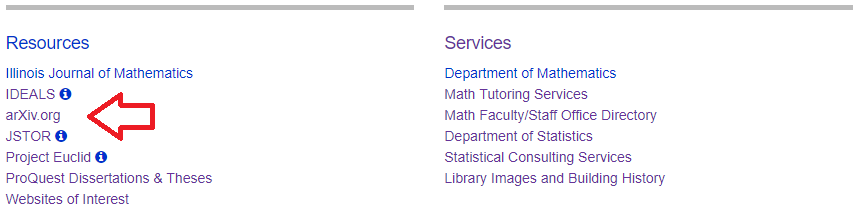 A screenshot from the Mathematics Library website with an arrow pointing to the link to arXiv.org