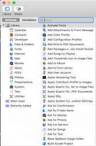 Automator menu selection including the library of possible actions to add to the workflow