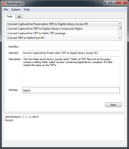 Screenshot of the software Speedwagon, with tools tab selected and a start button visible