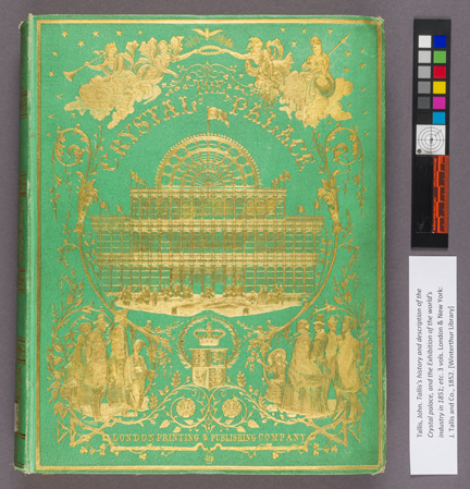 An emerald green, Victorian Era book bindings with elaborate gold decorative stamping on the front cover. 