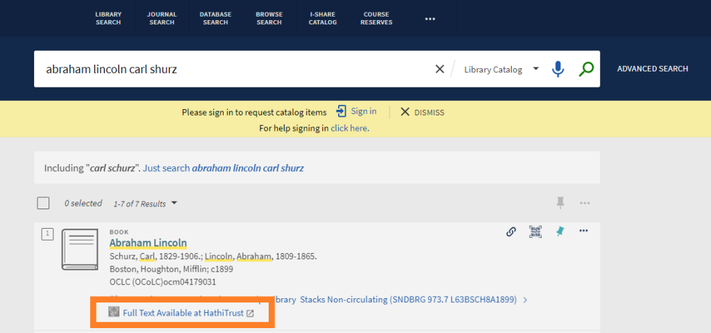 Screen shot of the library catalog search results page with Hathi Trust link highlighted.
