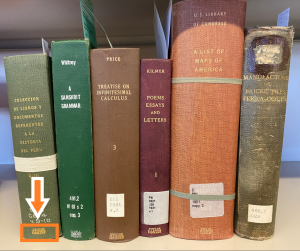 Six examples of library bindings showing different cloth colors and spine stamping styles. 