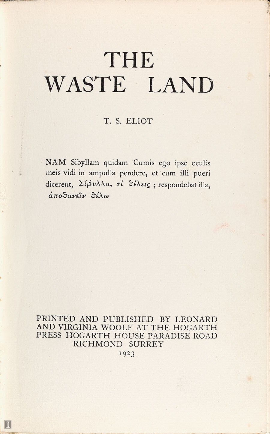 Eliot, T.S. The Waste Land 811 Eℓ4w1923 
