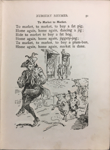 A page from To Market to Market that includes the nursery rhyme and a man dancing with pigs behind him.