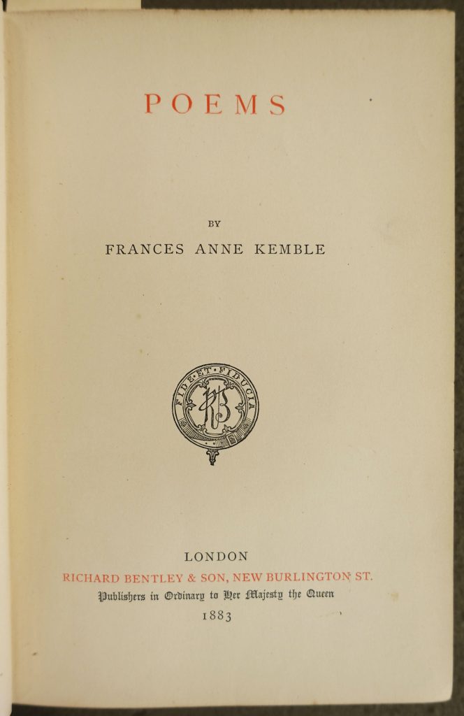 The title page of a book of poems by Frances Anne "Franny" Kemble